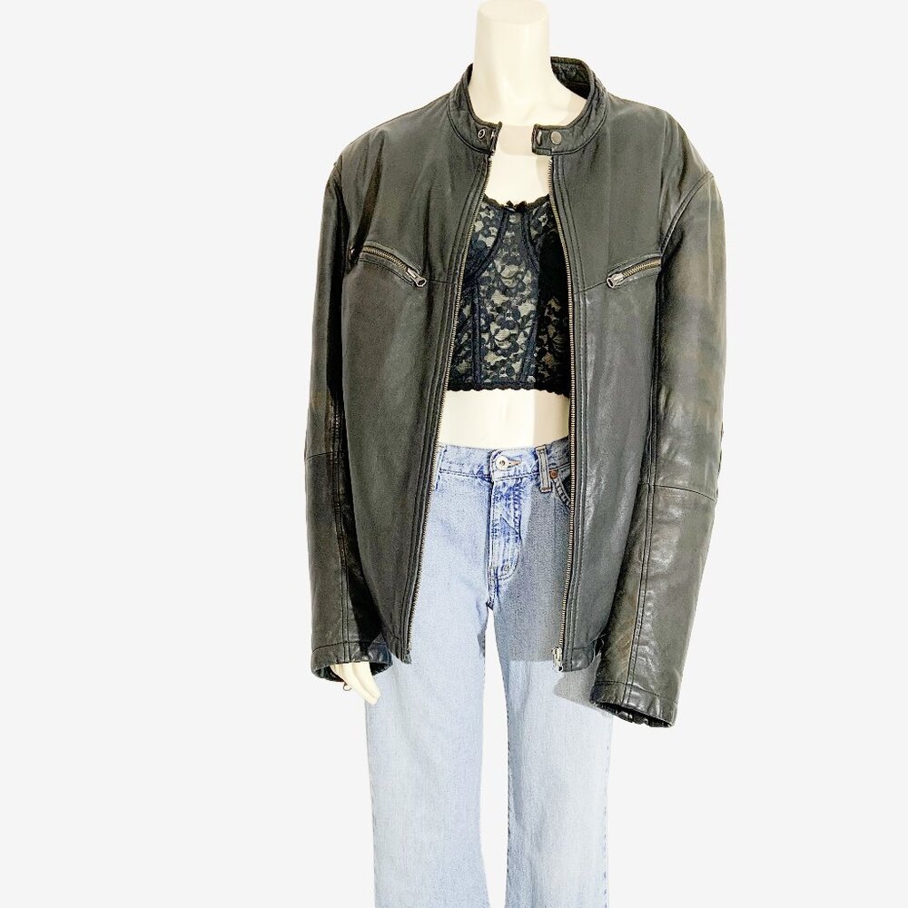 Vintage Faded Charcoal Black Leather Biker / Bomber Jacket / size Medium - Large
